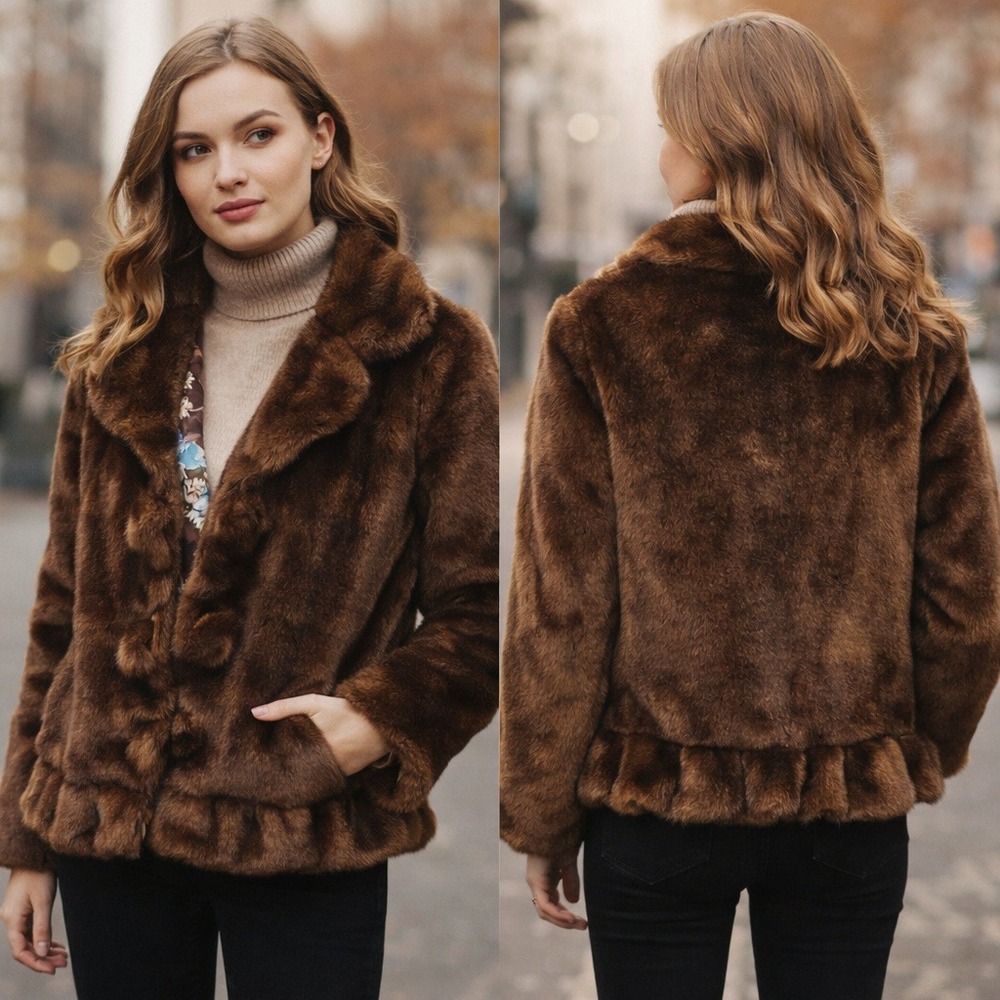 Dressbarn Womens Brown Faux Fur Jacket Floral Lined Ruffle Hem Coat Size L
